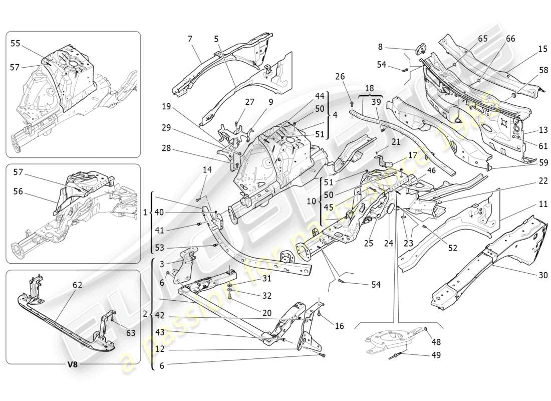 maserati ghibli (2016) schema delle parti dei telai strutturali anteriori e dei pannelli in lamiera