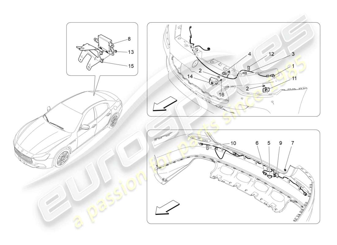 maserati ghibli (2017) diagramma delle parti dei sensori di parcheggio