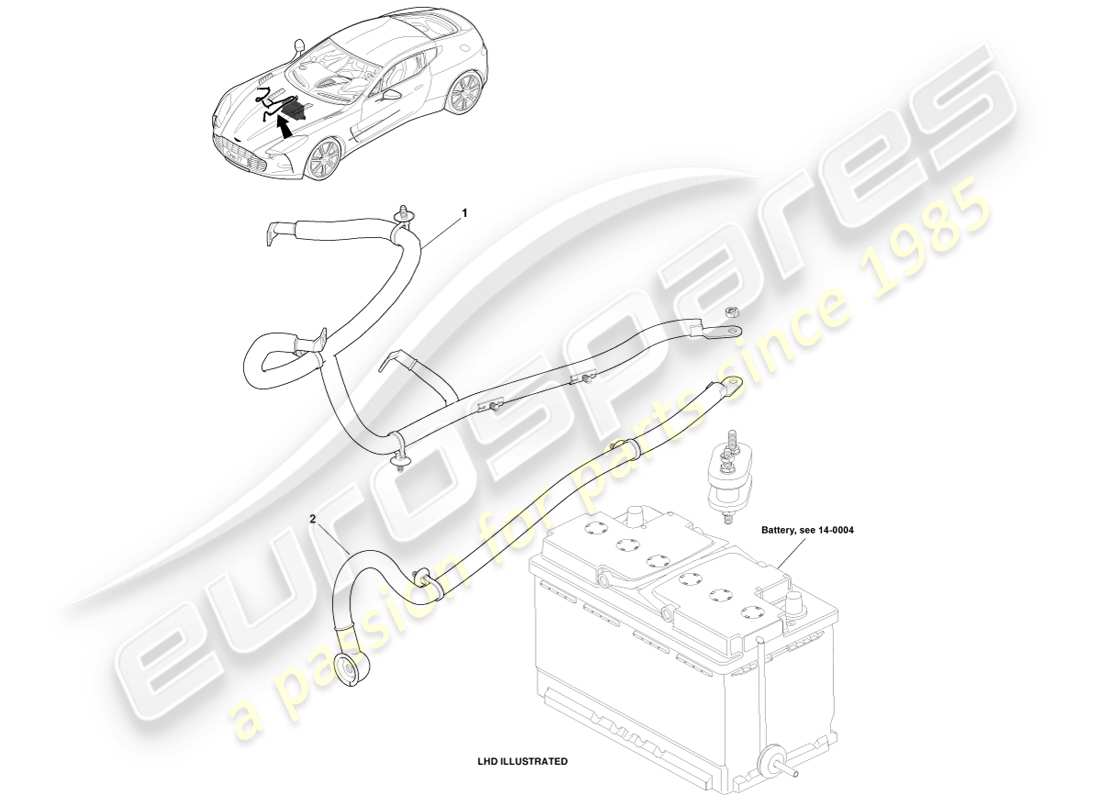 aston martin one-77 (2011) cavi della batteria, diagramma delle parti del vano motore