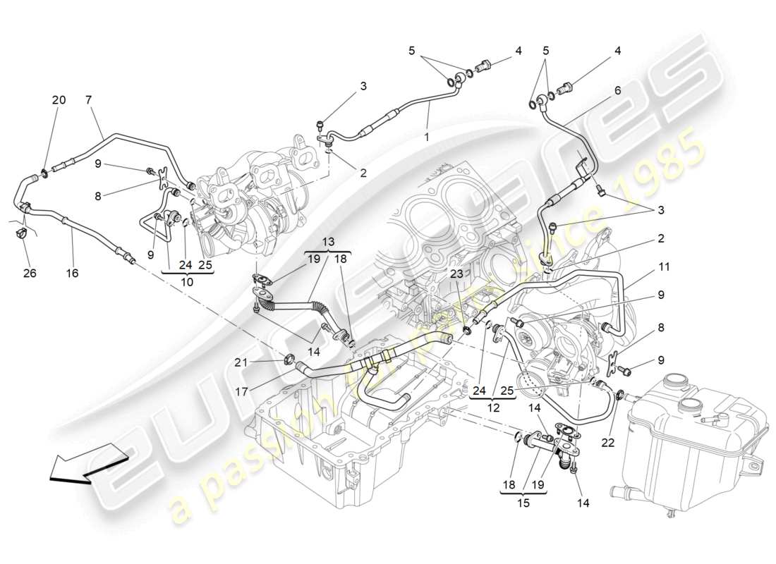 maserati ghibli (2014) sistema di turbocompressione: lubrificazione e raffreddamento diagramma delle parti
