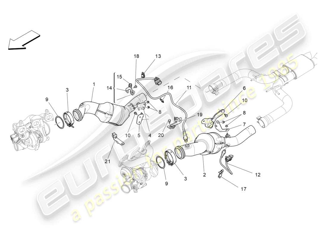 maserati ghibli (2017) diagramma delle parti dei convertitori pre-catalitici e dei convertitori catalitici