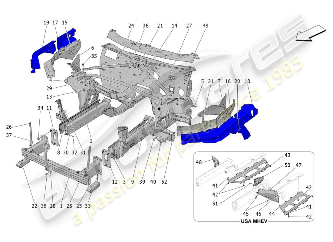 maserati grecale trofeo (2023) schema delle parti dei telai strutturali anteriori e dei pannelli in lamiera