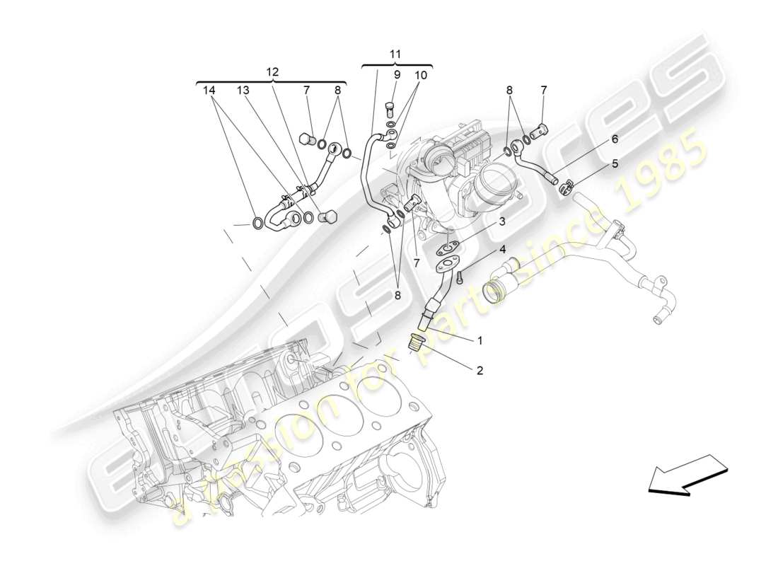 maserati ghibli (2014) sistema di turbocompressione: lubrificazione e raffreddamento diagramma delle parti