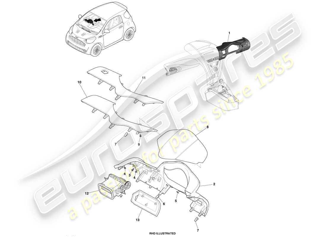 aston martin cygnet (2012) cappa quadro strumenti ip diagramma delle parti