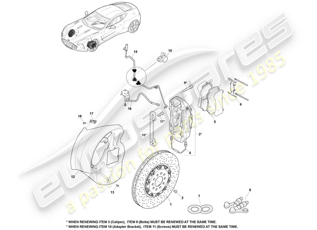 aston martin one-77 (2011) sistema frenante anteriore diagramma delle parti