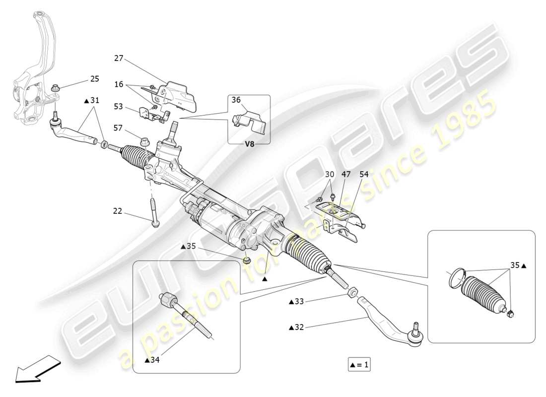 maserati levante gts (2020) unità cremagliera sterzo completa schema delle parti