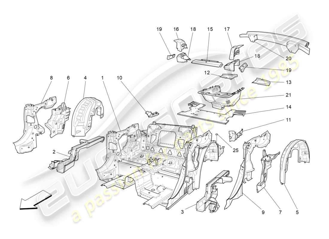 maserati grancabrio mc (2013) schema delle parti dei telai strutturali posteriori e dei pannelli in lamiera