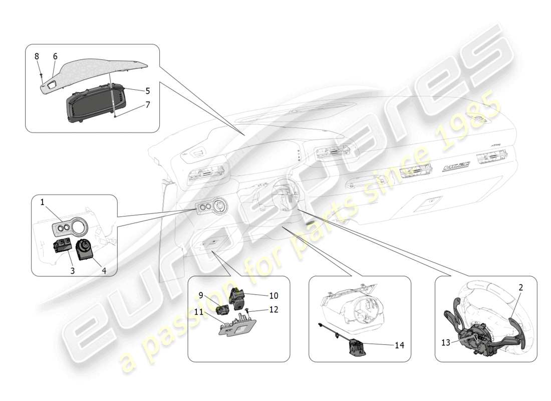 maserati mc20 cielo (2023) diagramma delle parti dei dispositivi del dashboard