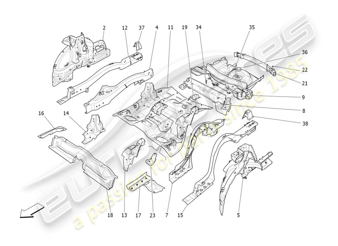 maserati levante gts (2020) schema delle parti dei telai strutturali posteriori e dei pannelli in lamiera