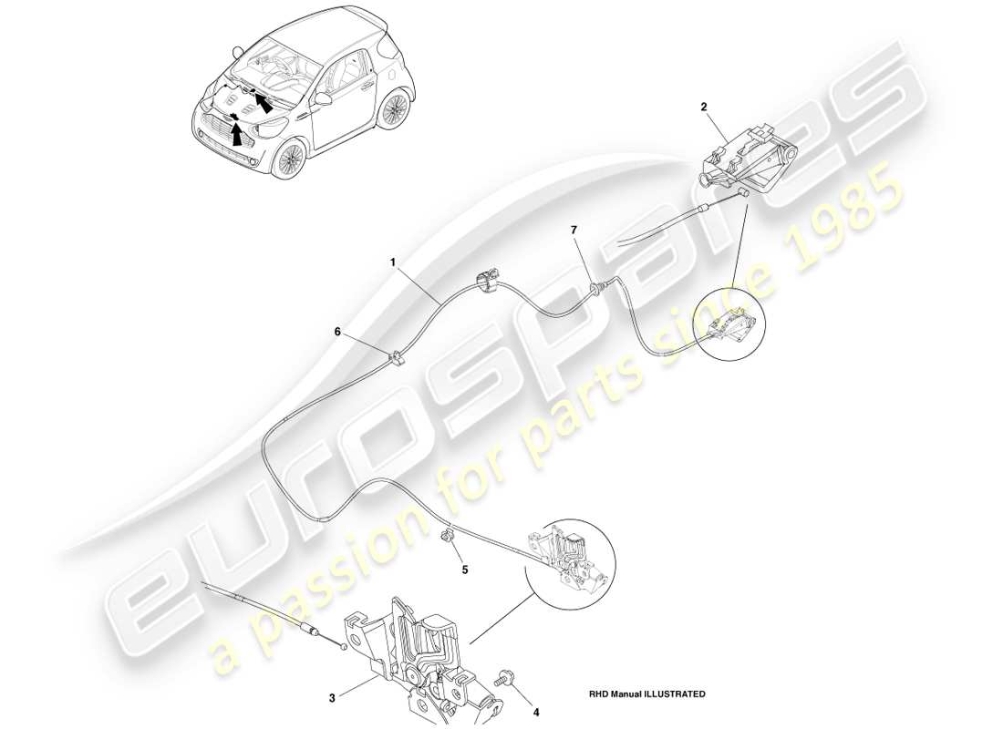 aston martin cygnet (2012) chiusura e attuazione del cofano diagramma delle parti
