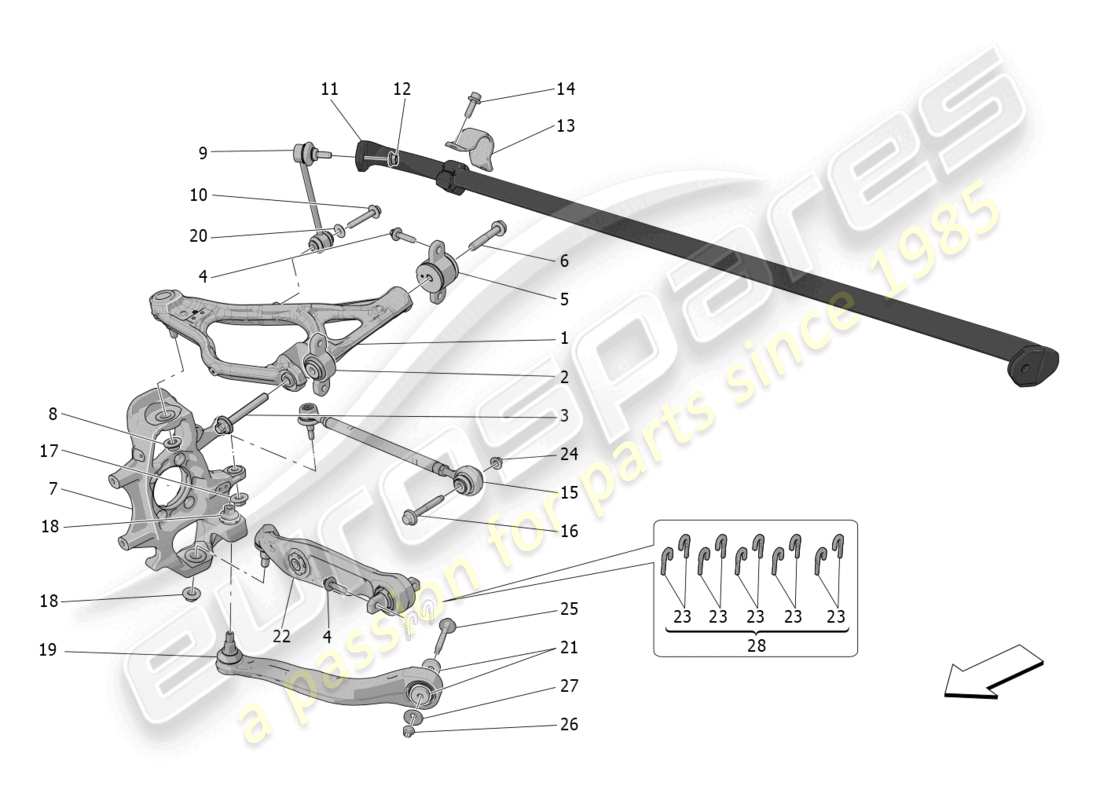 maserati mc20 (2023) diagramma delle parti della sospensione posteriore
