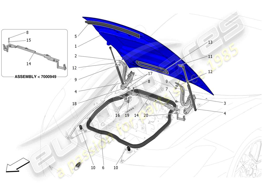 maserati mc20 (2023) diagramma delle parti del coperchio anteriore