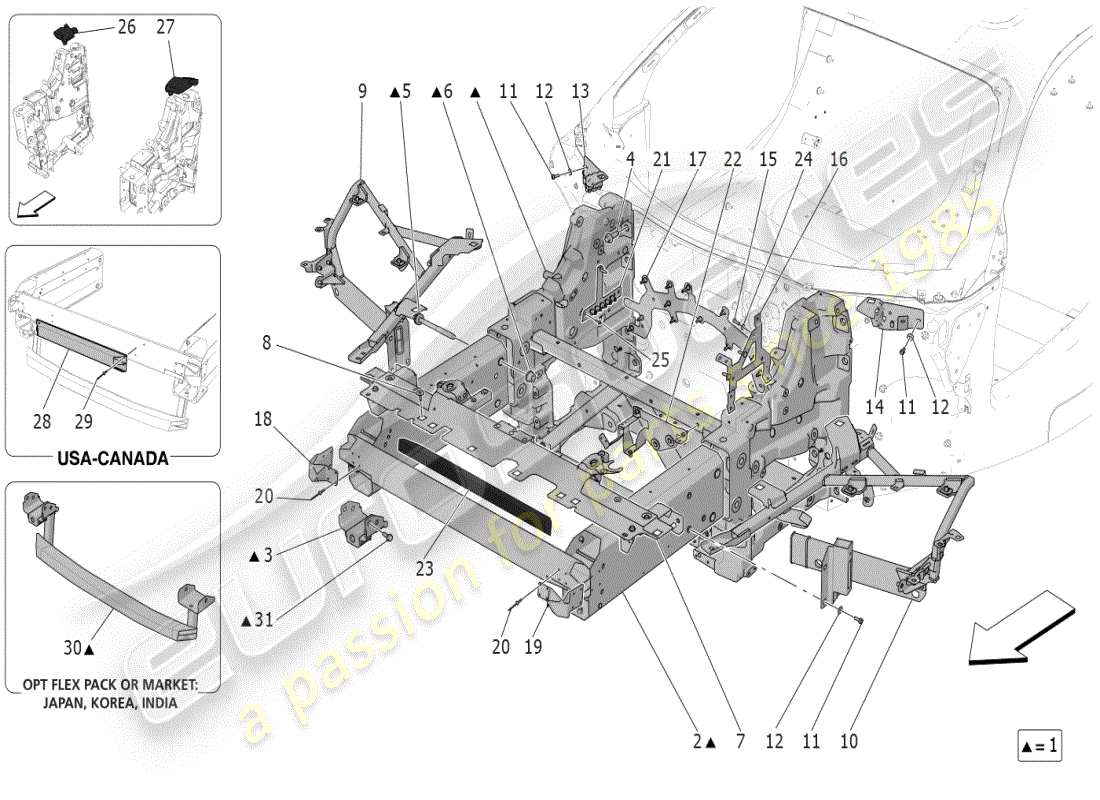 maserati mc20 (2024) diagramma delle parti del telaio anteriore