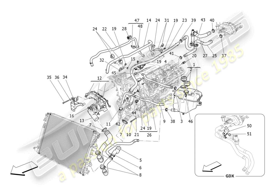 maserati ghibli (2016) sistema di raffreddamento: diagramma delle parti di nourice e linee