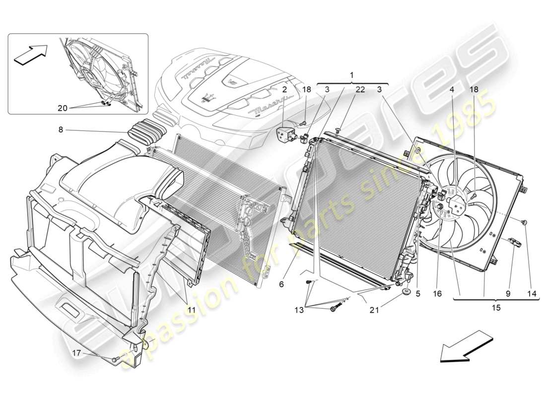 maserati quattroporte (2018) raffreddamento: diagramma delle parti dei radiatori dell'aria e dei condotti