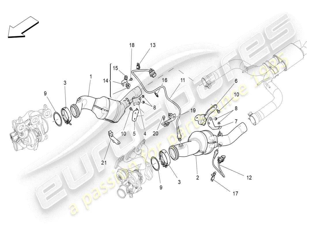 maserati ghibli (2019) diagramma delle parti dei convertitori pre-catalitici e dei convertitori catalitici