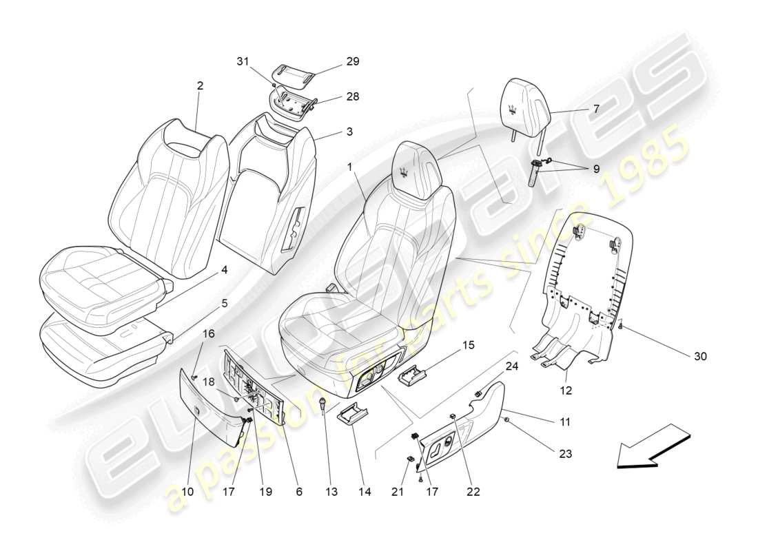 maserati levante modena (2022) sedili anteriori: schema delle parti dei pannelli di rivestimento
