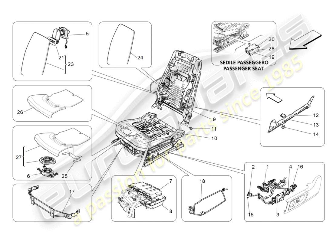 maserati ghibli (2014) sedili anteriori: diagramma delle parti meccaniche ed elettroniche