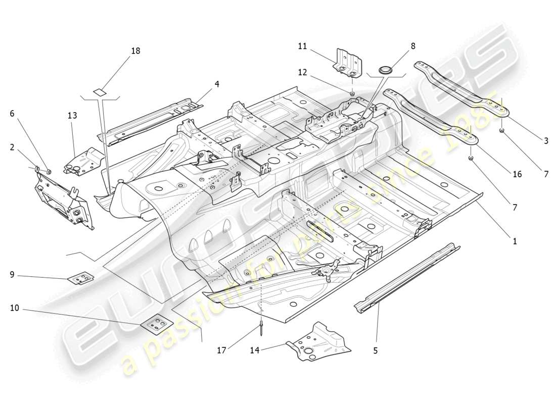 maserati ghibli (2014) schema delle parti dei telai strutturali centrali e dei pannelli in lamiera