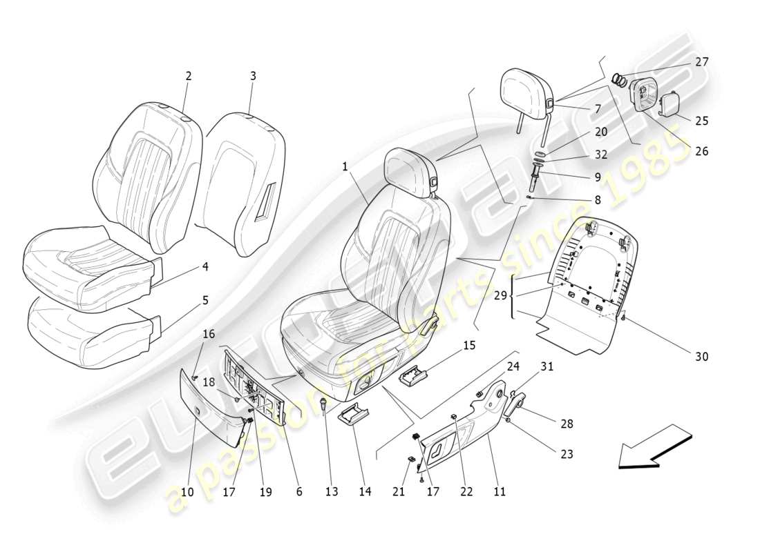 maserati ghibli (2014) sedili anteriori: schema delle parti dei pannelli di rivestimento