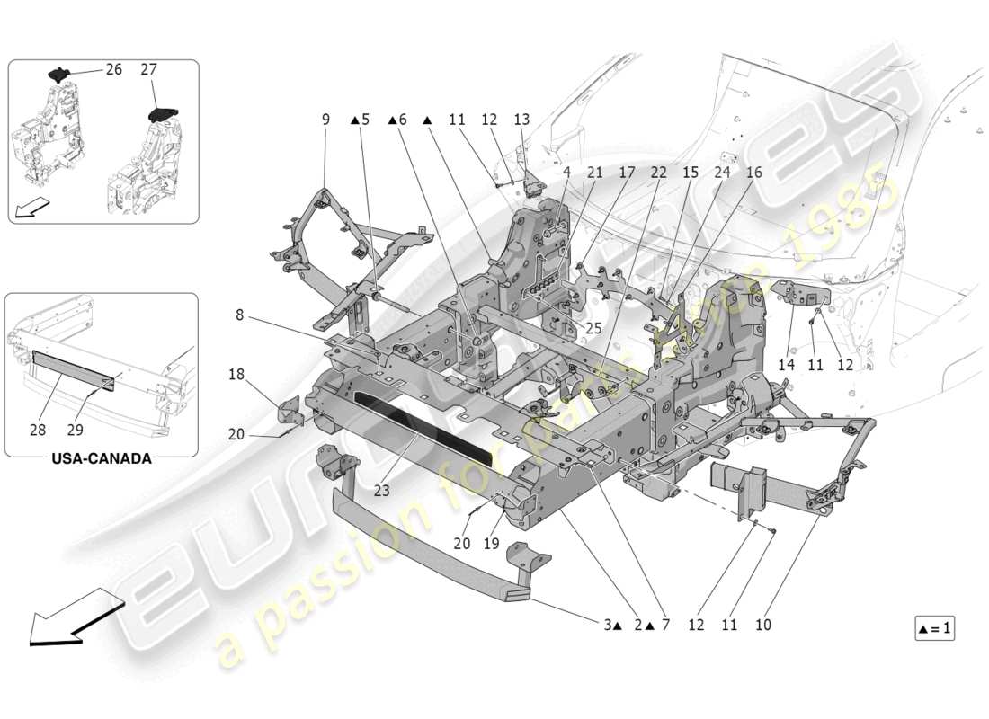 maserati mc20 (2023) diagramma delle parti del telaio anteriore