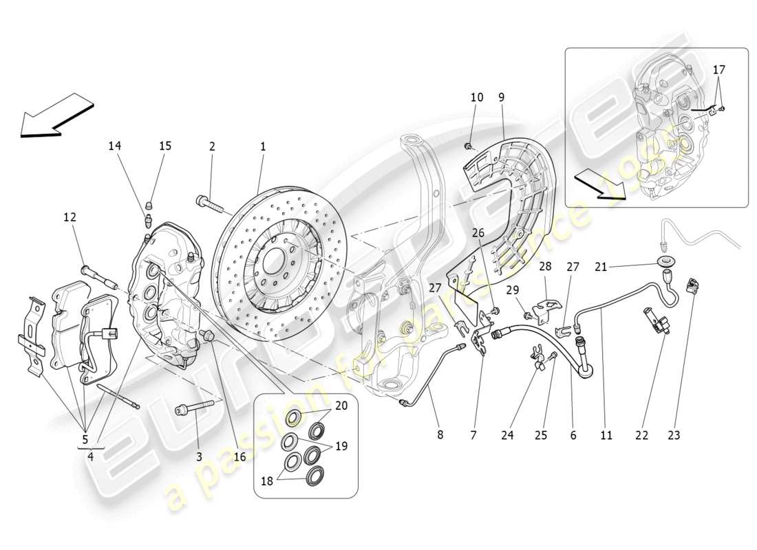 maserati ghibli (2014) schema parziale dei dispositivi di frenatura sulle ruote anteriori