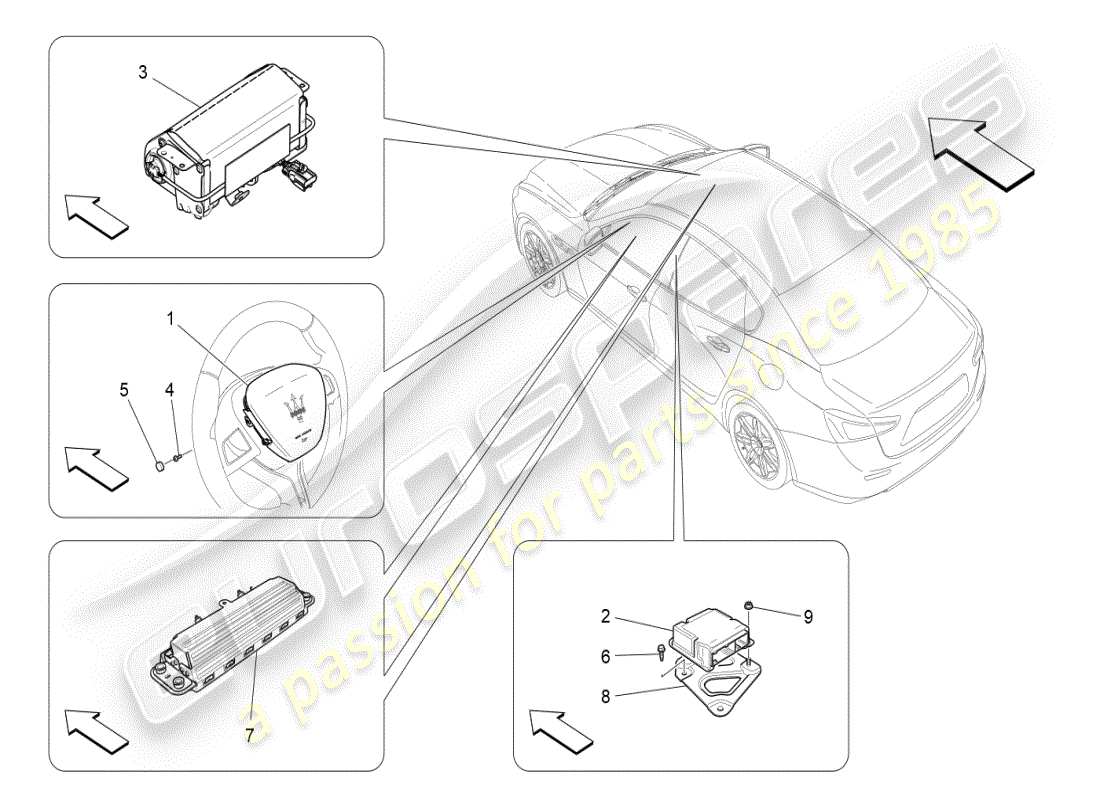 maserati ghibli (2019) diagramma delle parti del sistema airbag anteriore