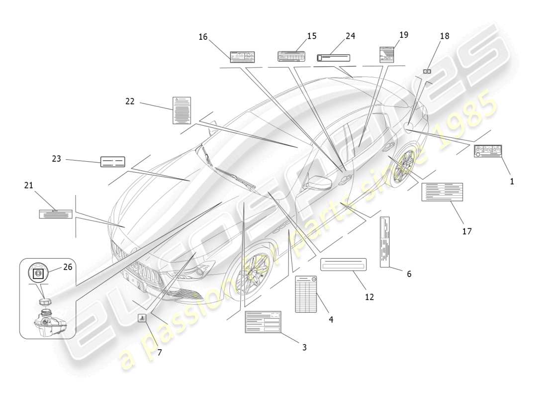 maserati ghibli (2018) diagramma delle parti di adesivi ed etichette