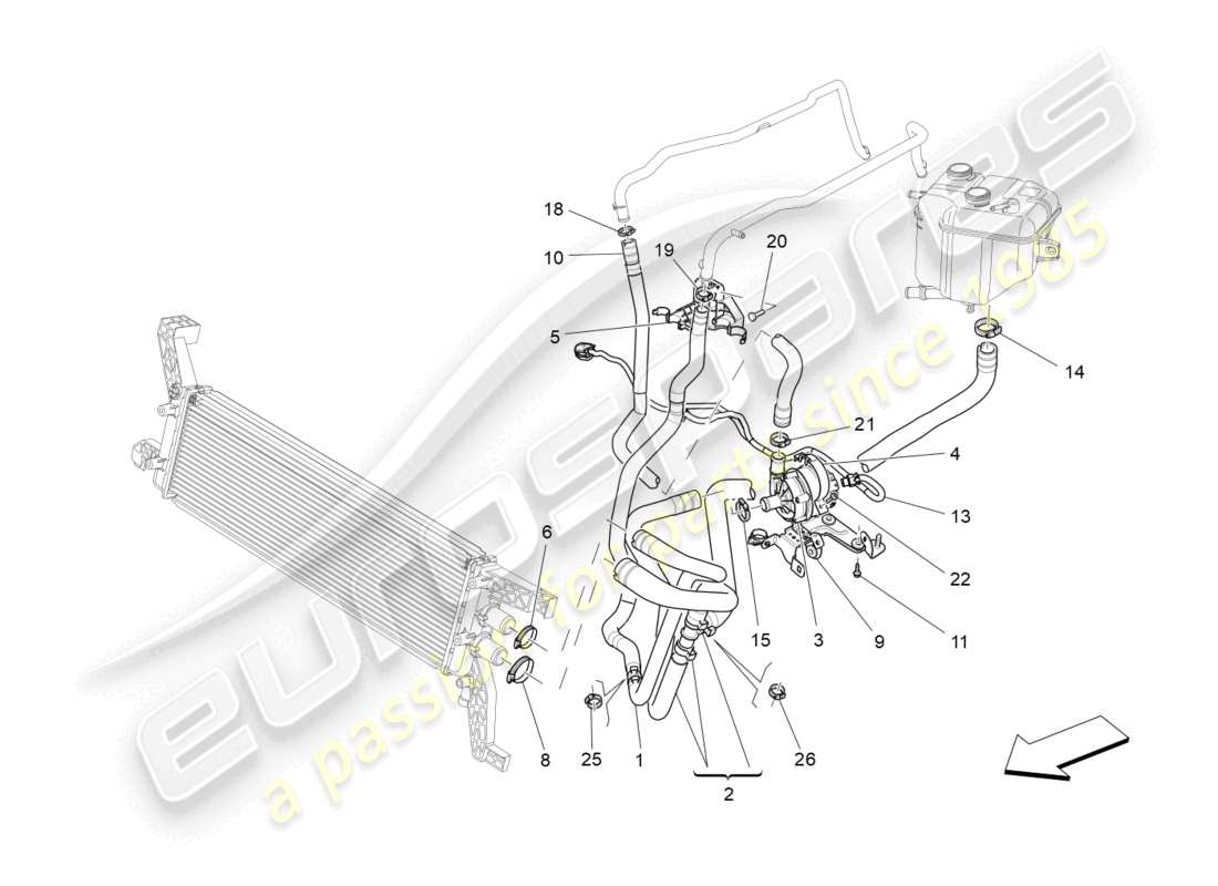 maserati ghibli (2018) sistema di raffreddamento: diagramma delle parti di nourice e linee