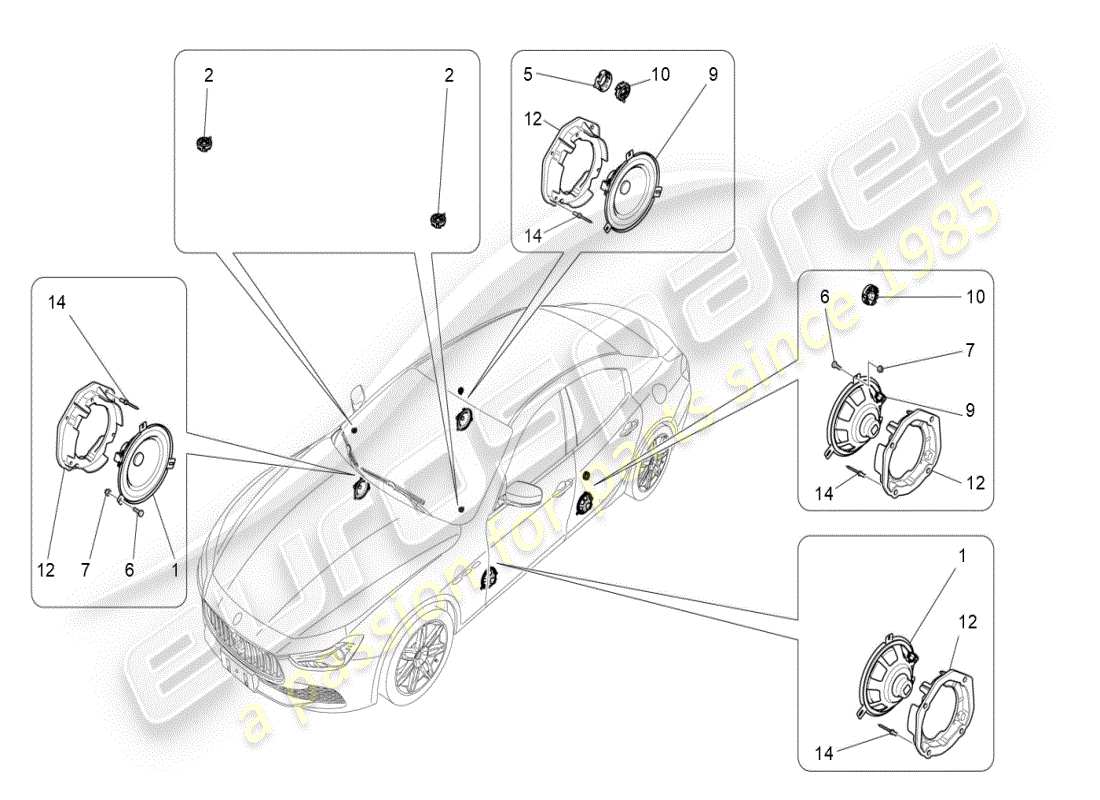 maserati ghibli (2019) schema delle parti del sistema di diffusione del suono