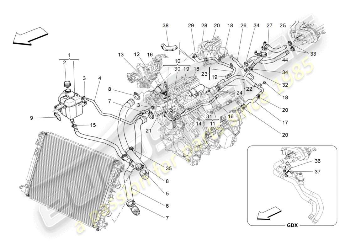 maserati ghibli (2018) sistema di raffreddamento: diagramma delle parti di nourice e linee