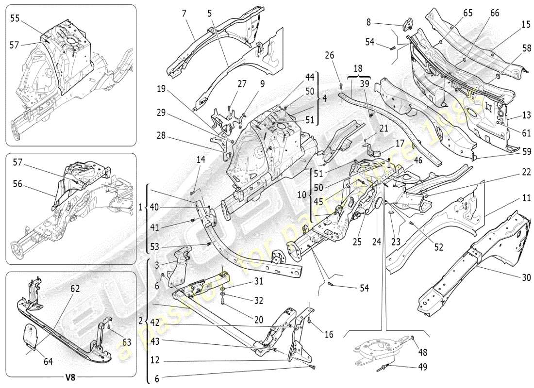 maserati ghibli (2019) schema delle parti dei telai strutturali anteriori e dei pannelli in lamiera