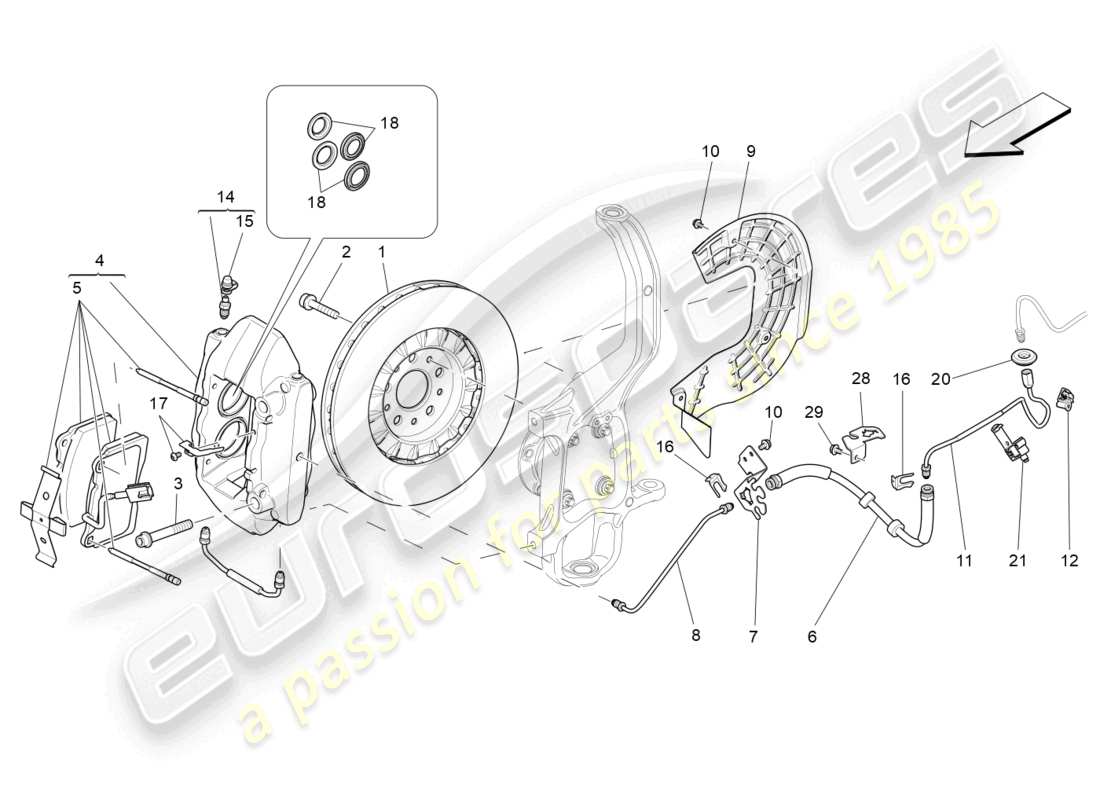 maserati ghibli (2014) schema parziale dei dispositivi di frenatura sulle ruote anteriori