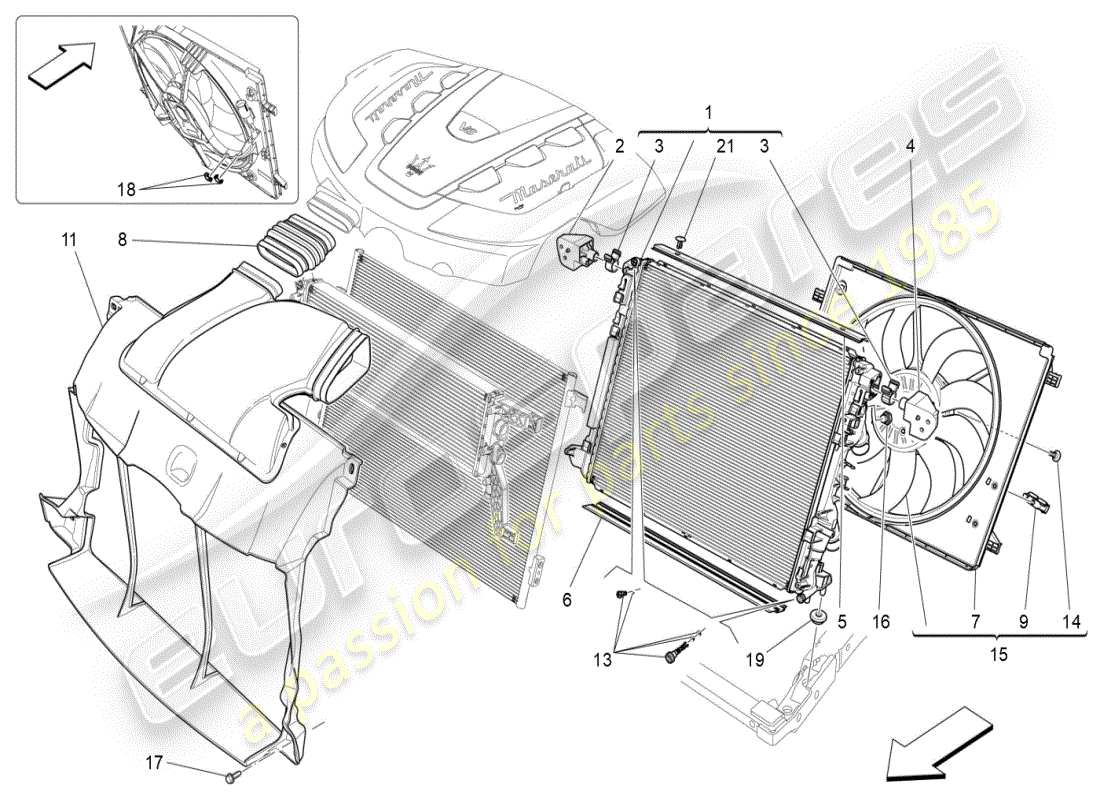 maserati ghibli (2019) raffreddamento: diagramma delle parti dei radiatori dell'aria e dei condotti
