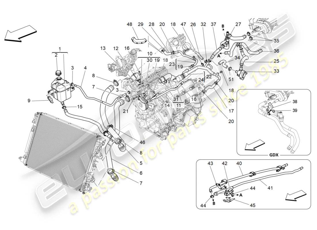 maserati qtp 3.0 tds v6 275hp (2015) sistema di raffreddamento: diagramma delle parti di nourice e linee