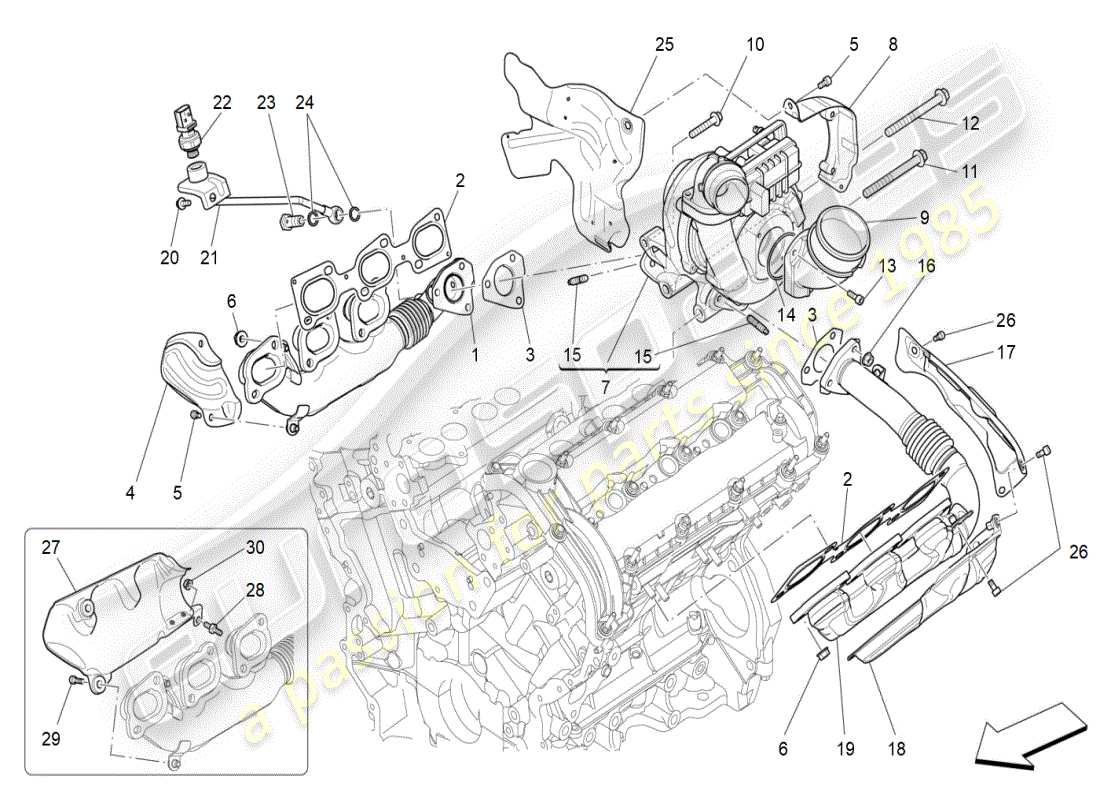 maserati ghibli (2019) sistema turbocompressore: schema particolare dell'attrezzatura