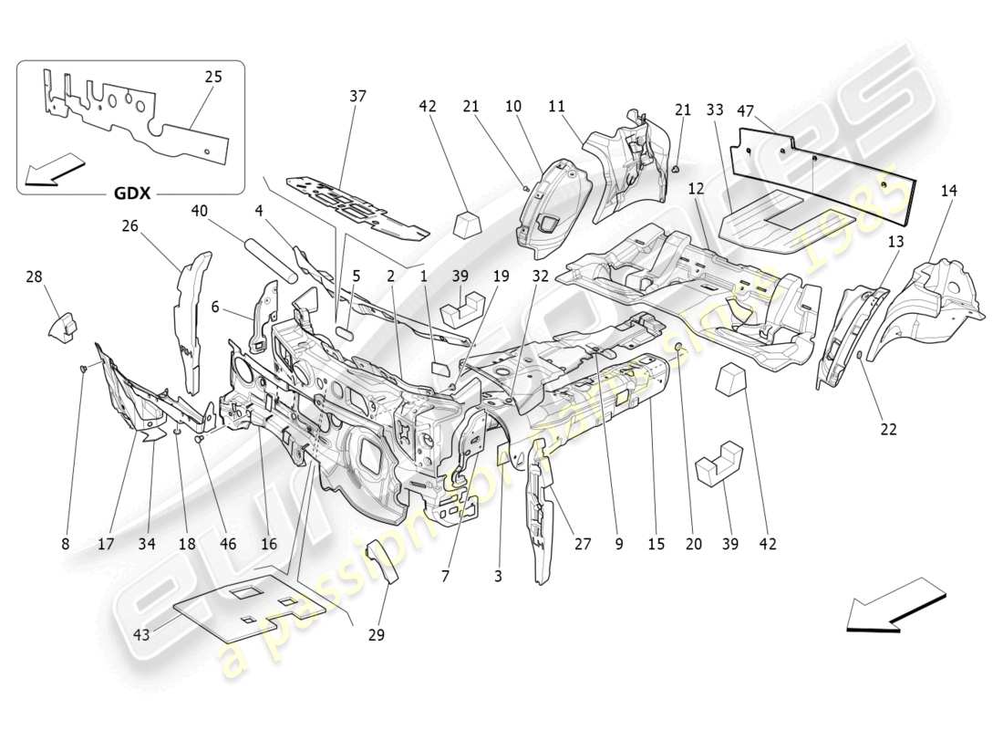 maserati ghibli (2015) pannelli insonorizzati all'interno del veicolo diagramma delle parti