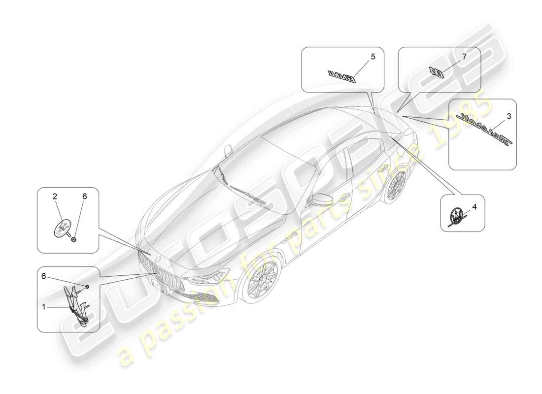 maserati ghibli (2016) diagramma delle parti di finiture, marchi e simboli