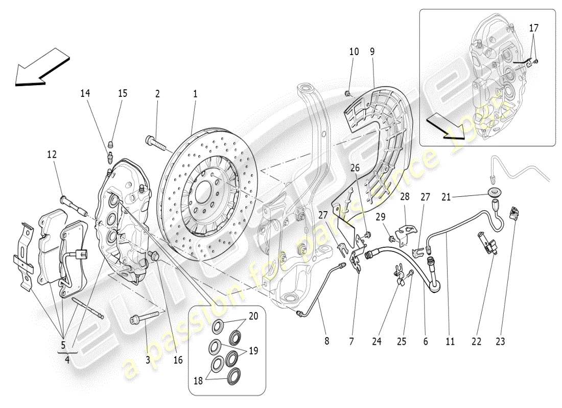 maserati ghibli (2019) schema parziale dei dispositivi di frenatura sulle ruote anteriori