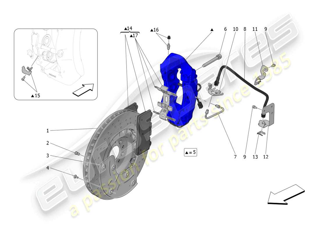 maserati mc20 (2023) dispositivi di frenatura sulle ruote anteriori diagramma delle parti