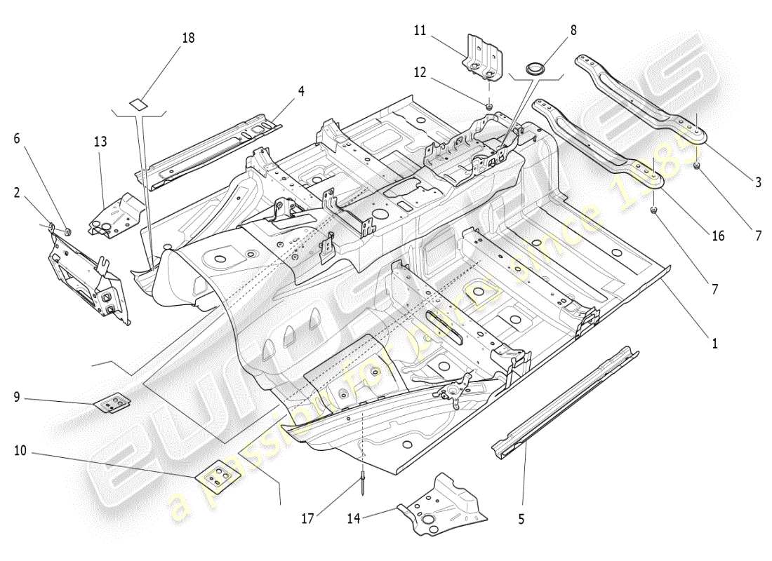 maserati ghibli (2019) schema delle parti dei telai strutturali centrali e dei pannelli in lamiera