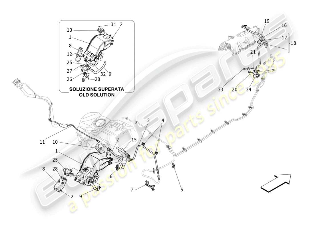 maserati ghibli (2018) diagramma delle parti del sistema di ricircolo dei vapori di carburante