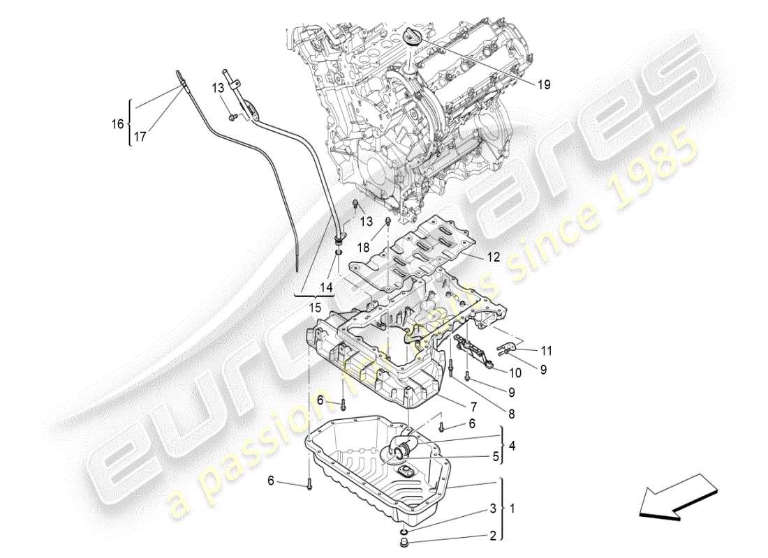 maserati ghibli (2019) sistema di lubrificazione: diagramma delle parti del circuito e della raccolta
