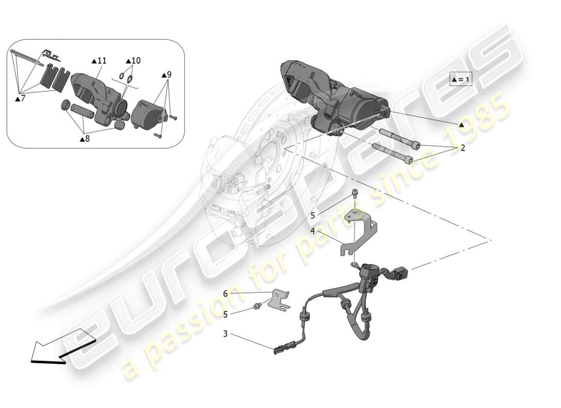 maserati mc20 (2023) schema delle parti del freno di stazionamento