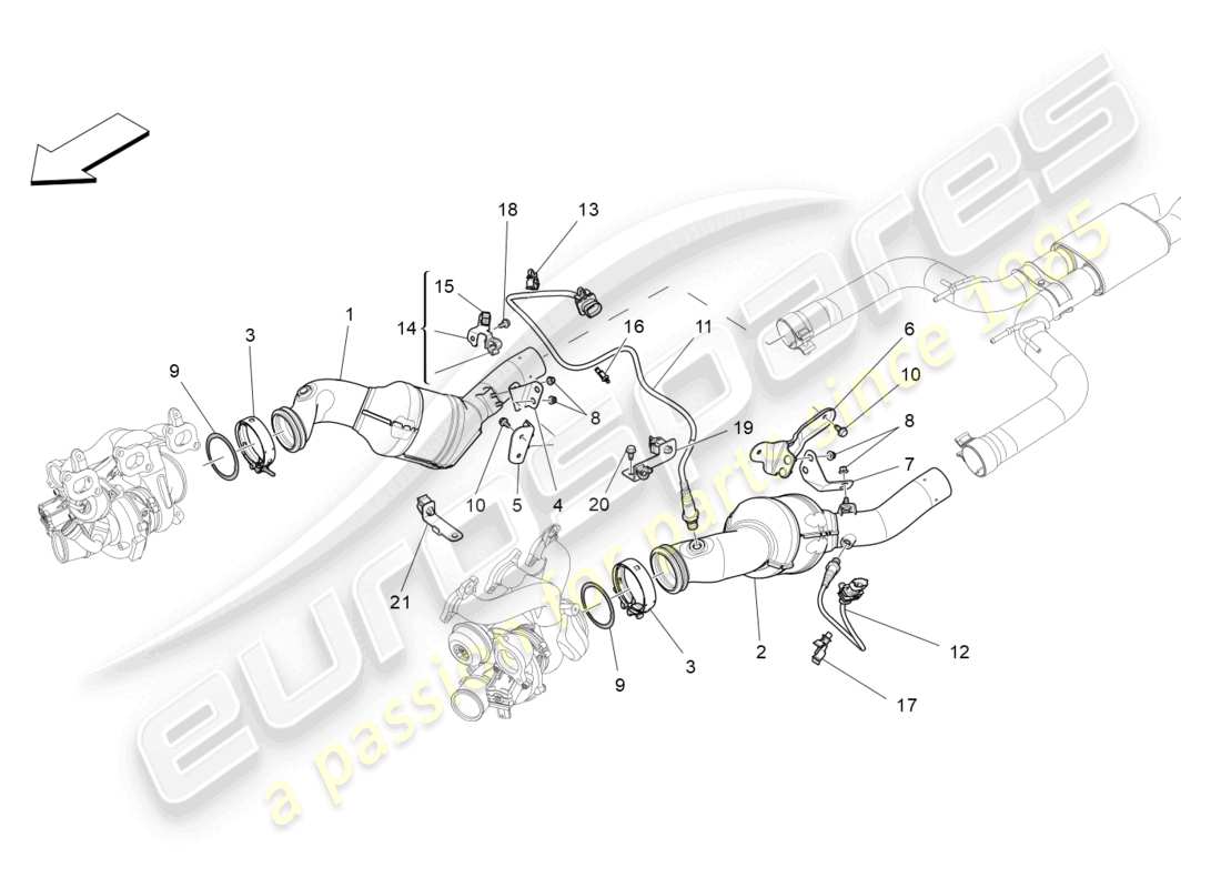 maserati ghibli (2014) diagramma delle parti dei convertitori pre-catalitici e dei convertitori catalitici