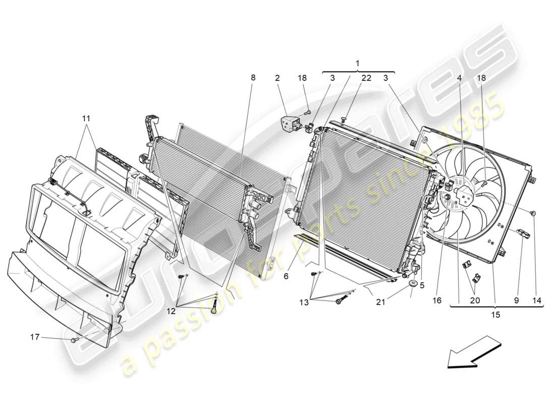 maserati levante zenga (2020) raffreddamento: diagramma delle parti dei radiatori dell'aria e dei condotti