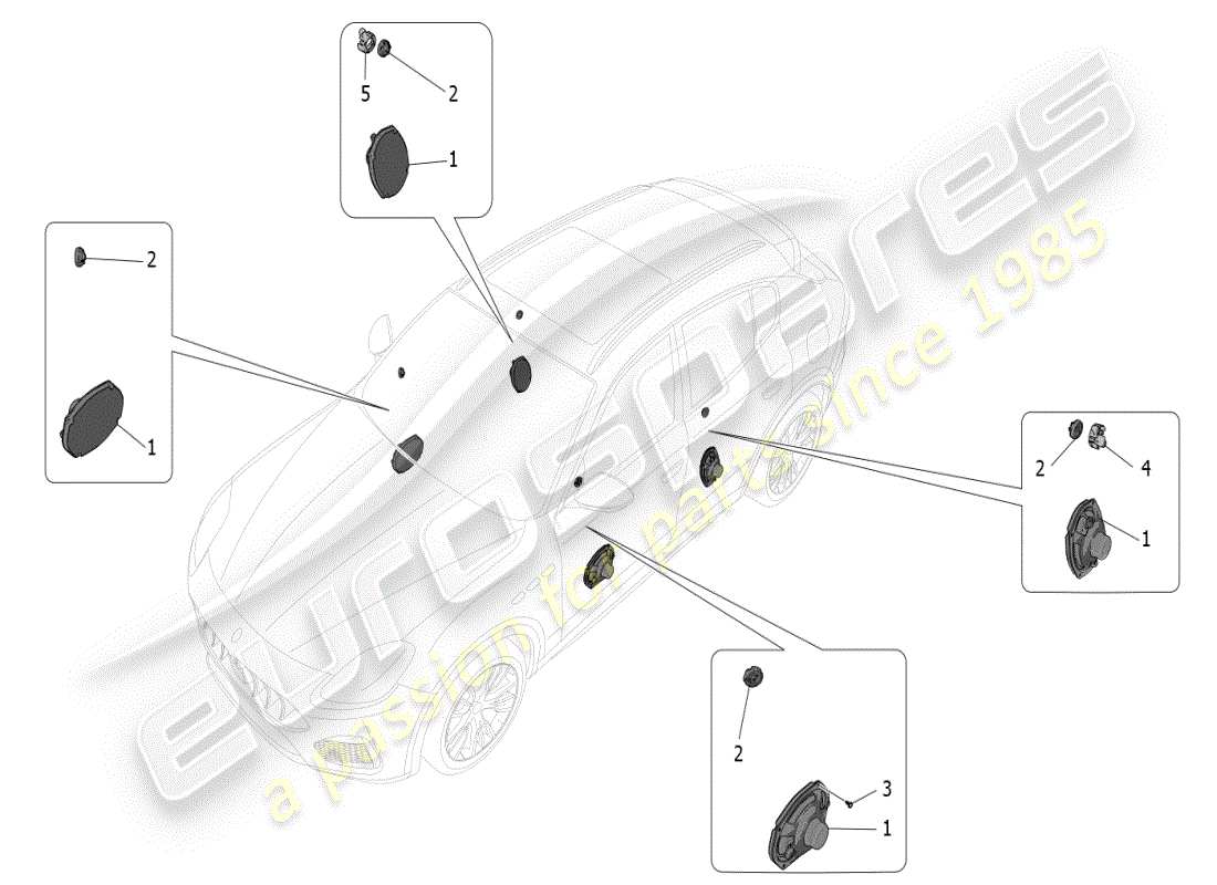maserati grecale modena (2023) schema delle parti del sistema di diffusione del suono