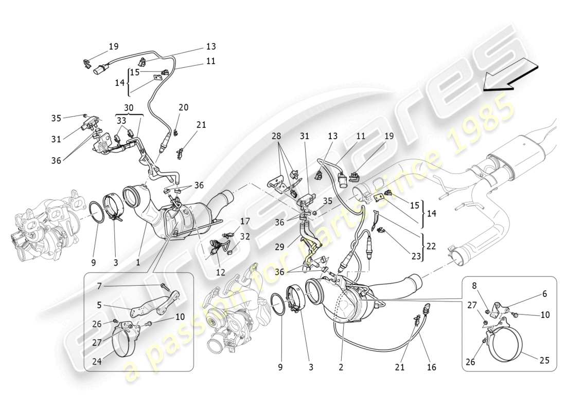 maserati levante zenga (2020) diagramma delle parti dei convertitori pre-catalitici e dei convertitori catalitici