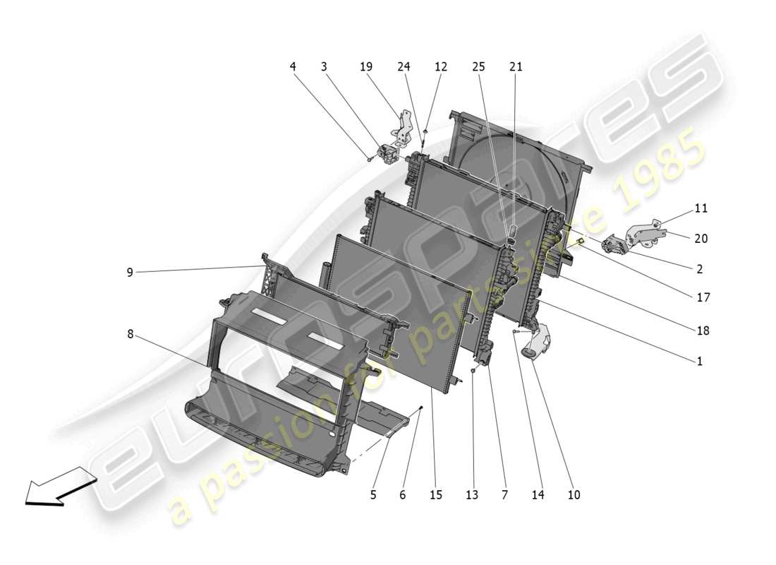 maserati grecale trofeo (2023) raffreddamento: diagramma delle parti dei radiatori dell'aria e dei condotti