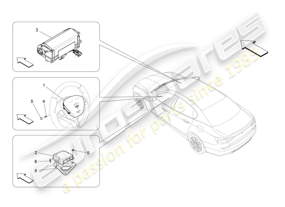 maserati quattroporte (2018) diagramma delle parti del sistema airbag anteriore